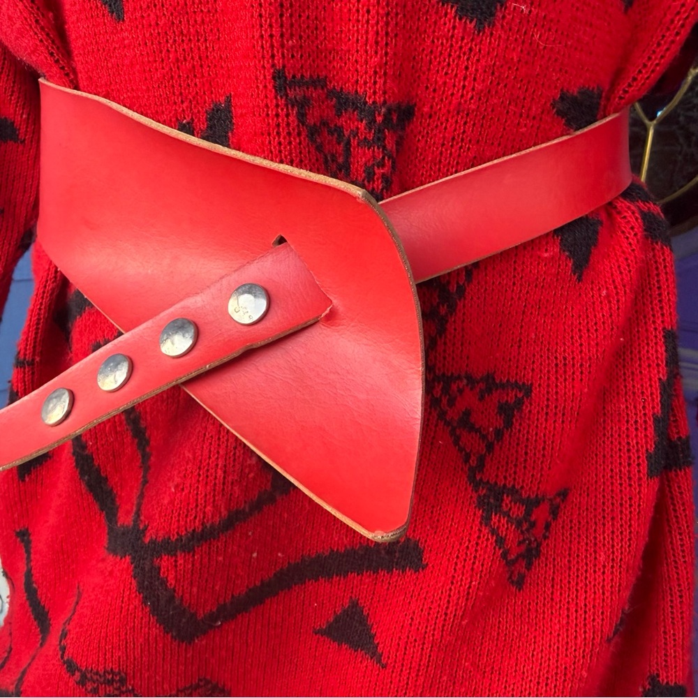 Vintage Red Leather Wrap Belt with Stud Buttons